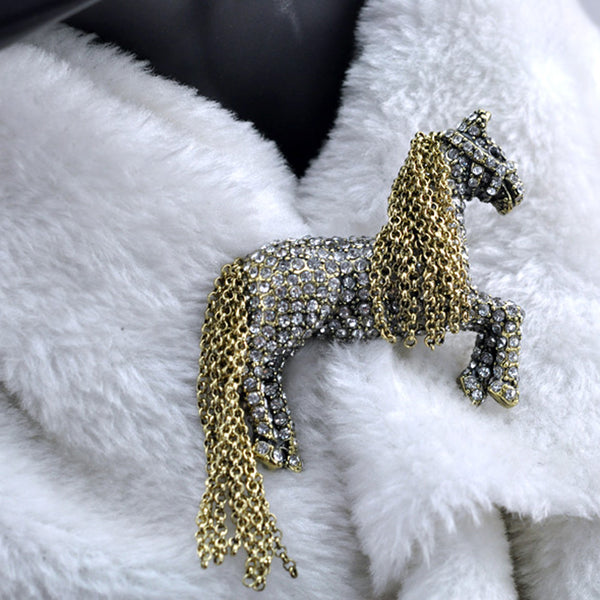 Tassel Rhinestone Horse Brooch